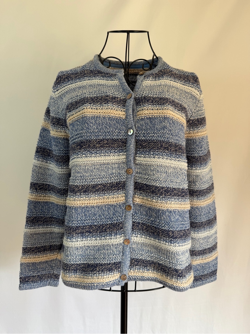 L.L. Bean Women's Blue and Cream Striped Knit Cardigan